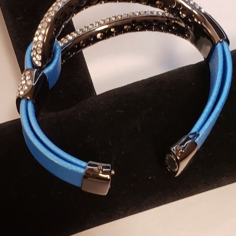 Joan Boyce “Edgy Diva” Pave Bracelet Blue Leather New No Box SPARKLE! - Picture 7 of 11